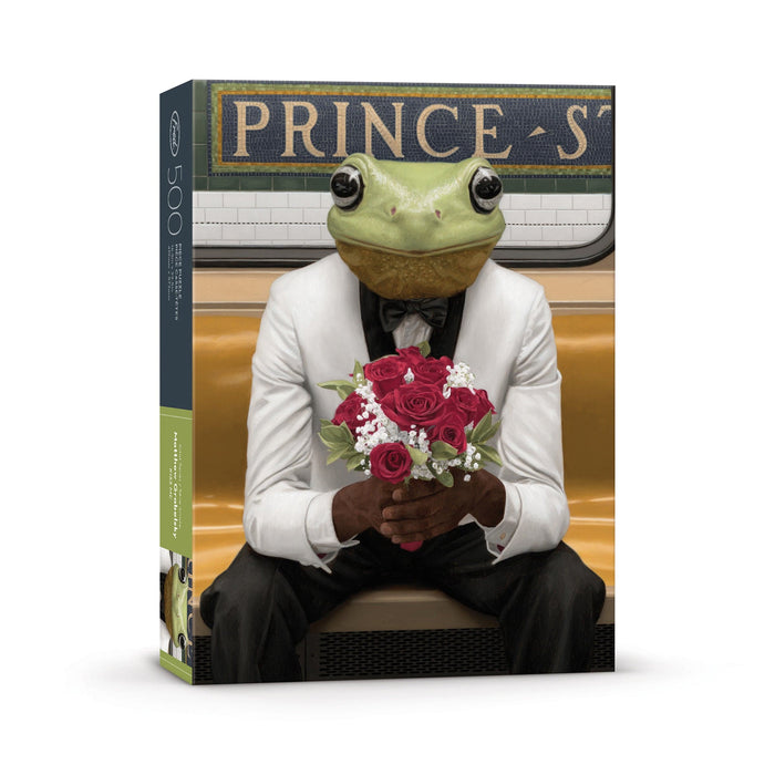 A 500-piece jigsaw puzzle box with a frog man holding flowers on New York subway