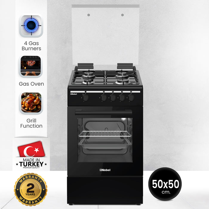 50x50 Gas Cooker with 4 Gas Burners, Gas Oven, Euro Pool Type Hob, Made in Turkey - NGC5000BK