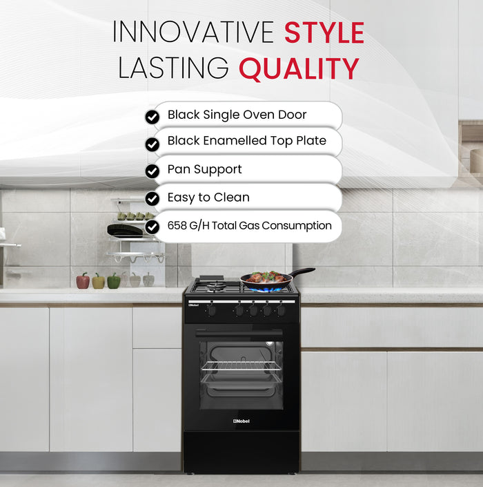 50x50 Gas Cooker with 4 Gas Burners, Gas Oven, Euro Pool Type Hob, Made in Turkey - NGC5000BK