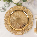 Elegant gold decorative charger plate with intricate floral patterns.