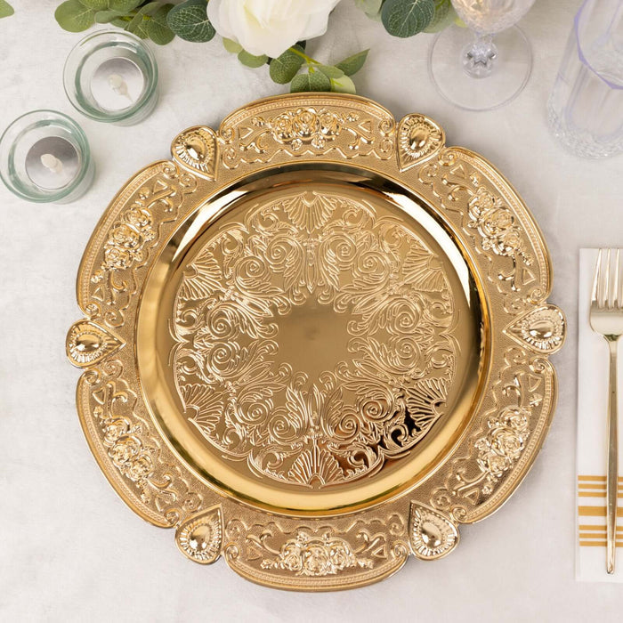 Elegant gold decorative charger plate with intricate floral patterns.