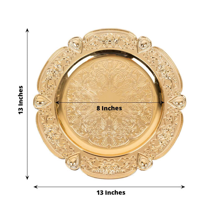 Gold decorative plate with intricate design, 13 inches wide.