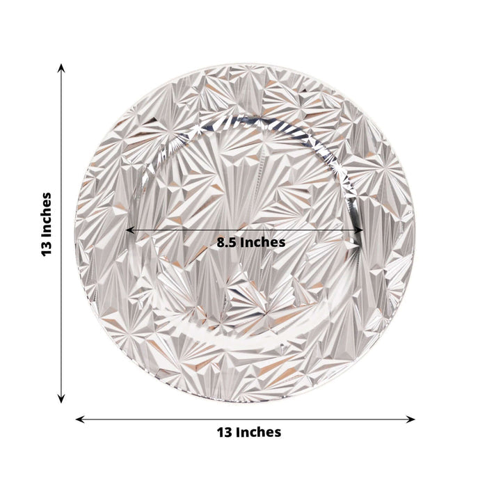 Silver decorative plate with textured design, 13 inches diameter.