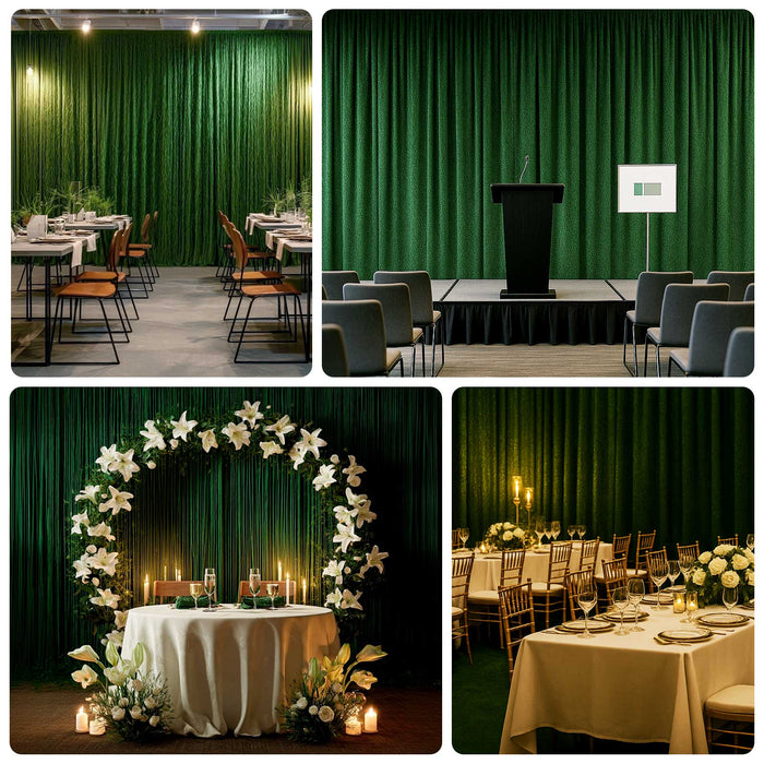 Elegant green backdrop for event decor, featuring tables and floral arrangements.
