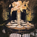 Elegant table setting with floral centerpiece and dinnerware in an outdoor ambiance.
