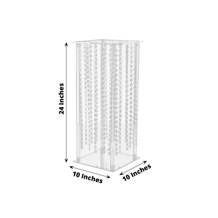 Clear acrylic display case with hanging beads, 24x10x10 inches.