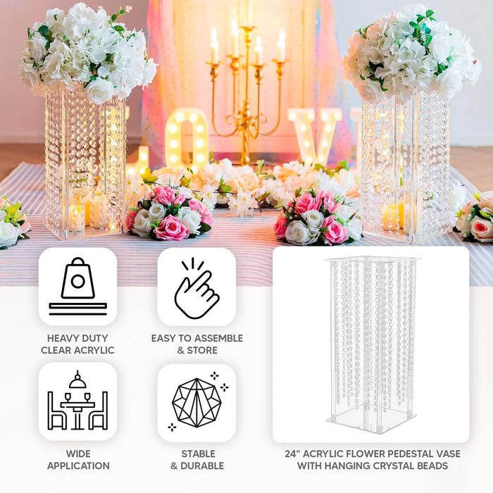 24" acrylic flower pedestal vase with hanging crystal beads
