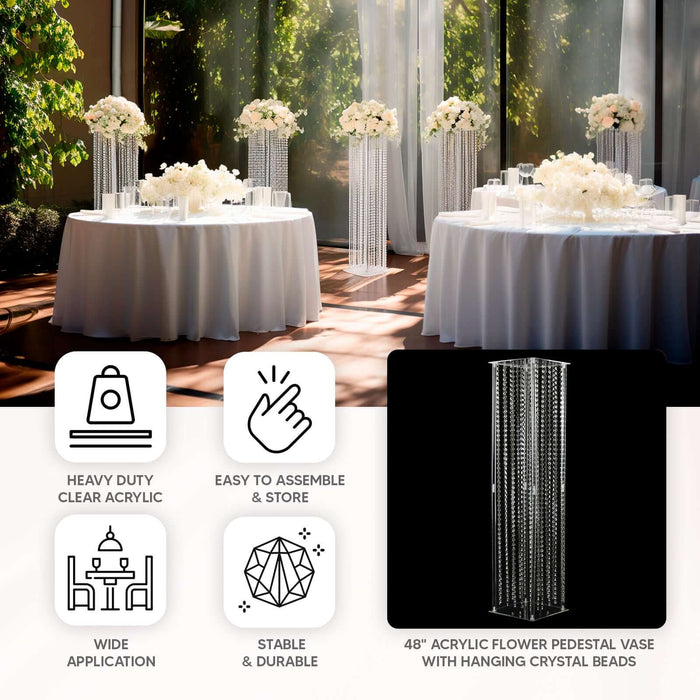 48" acrylic flower pedestal vase with hanging crystal beads in elegant event setting.