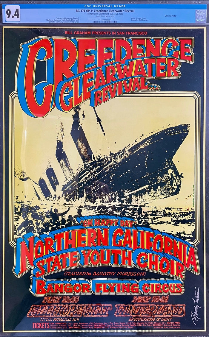AUCTION - BG-174 - Creedence Clearwater - Randy Tuten Signed - 1969 Poster - Fillmore West & Winterland -  CGC Graded 9.4