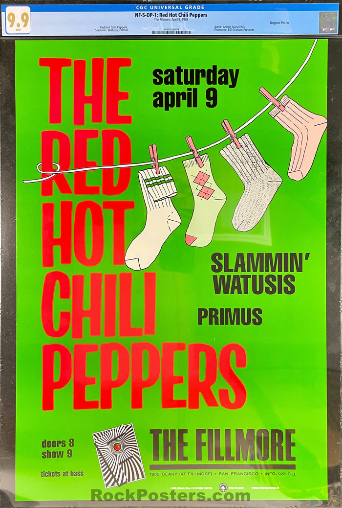 AUCTION - NF-5 - Red Hot Chili Peppers - Arlene Owseichik - 1988 Poster - The Fillmore - CGC Graded 9.9 Mint