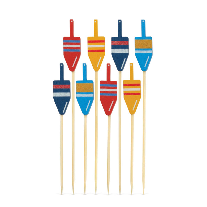 Wooden cocktail picks that look like lobster buoys. Shown in two sizes and arious color combinations.