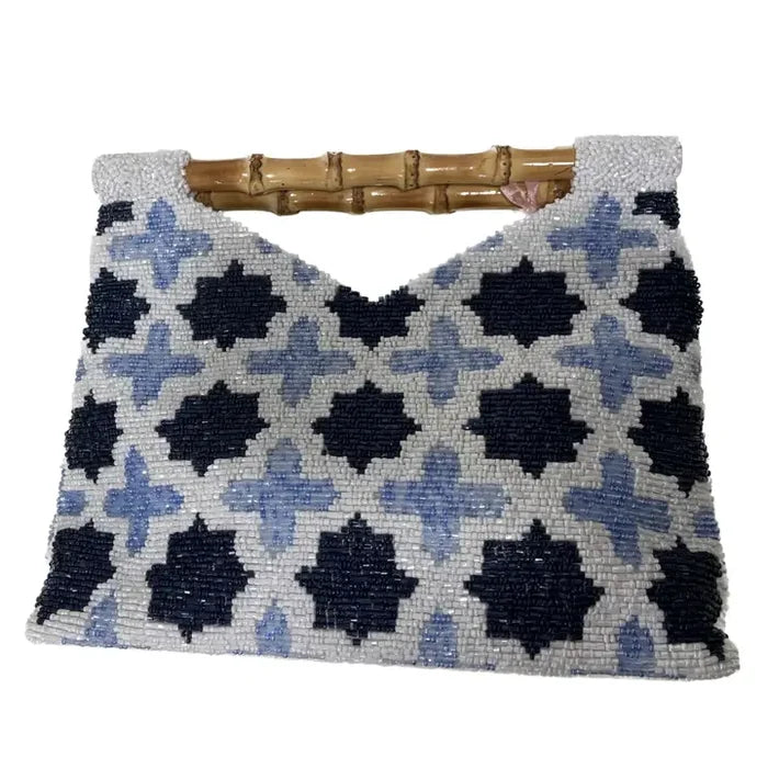 Blue & White Bamboo Handle Hand-Beaded Bag