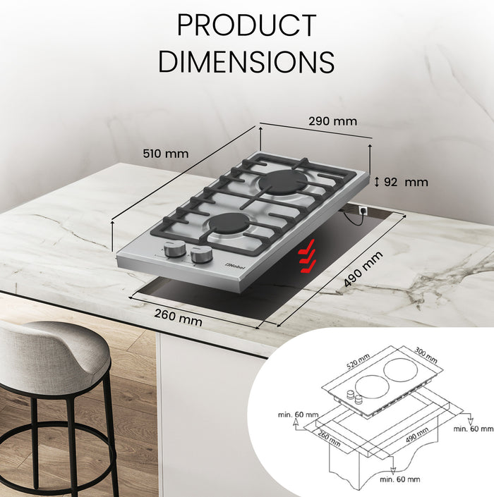 Builtin - Hobs Stainless Steel 30cm 2 Gas Burners NBH3202SSH