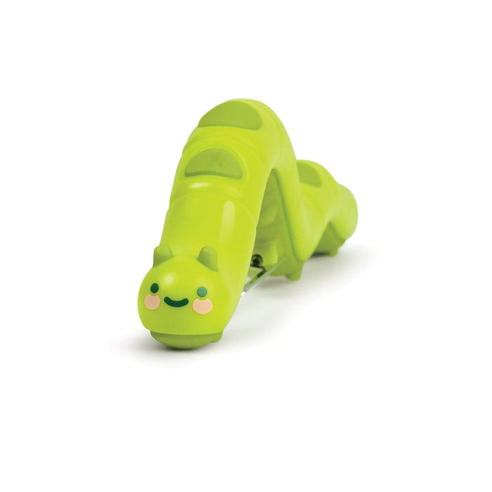 A fruit & vegetable peeler that looks like a green caterpillar.