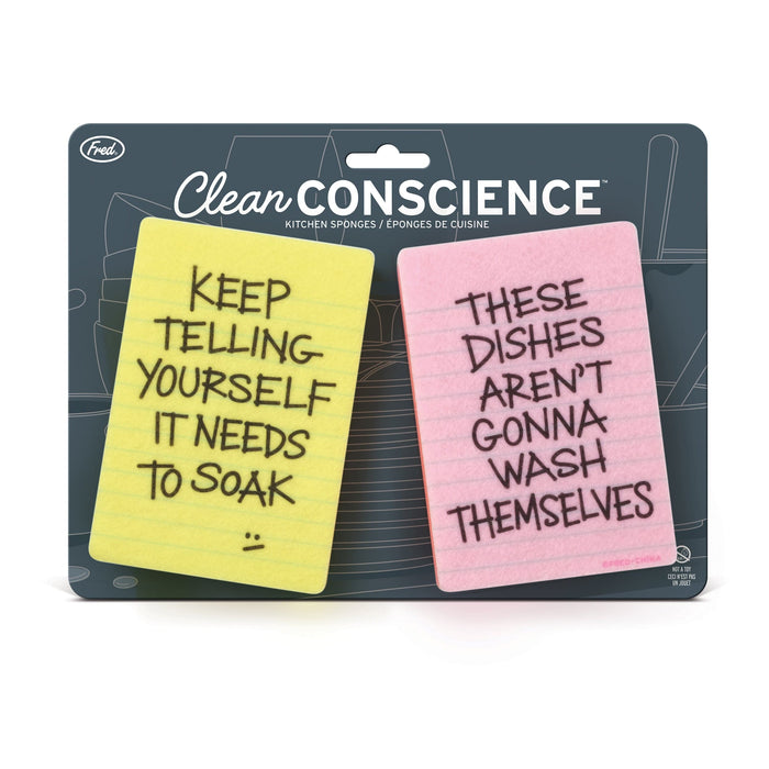 Two post-it/notepad sponges with humorous text on a 'Clean Conscience' branded package.