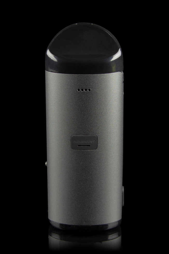 Sleek, matte black cannabis vaporizer pen with a clear mouthpiece and indicator lights.