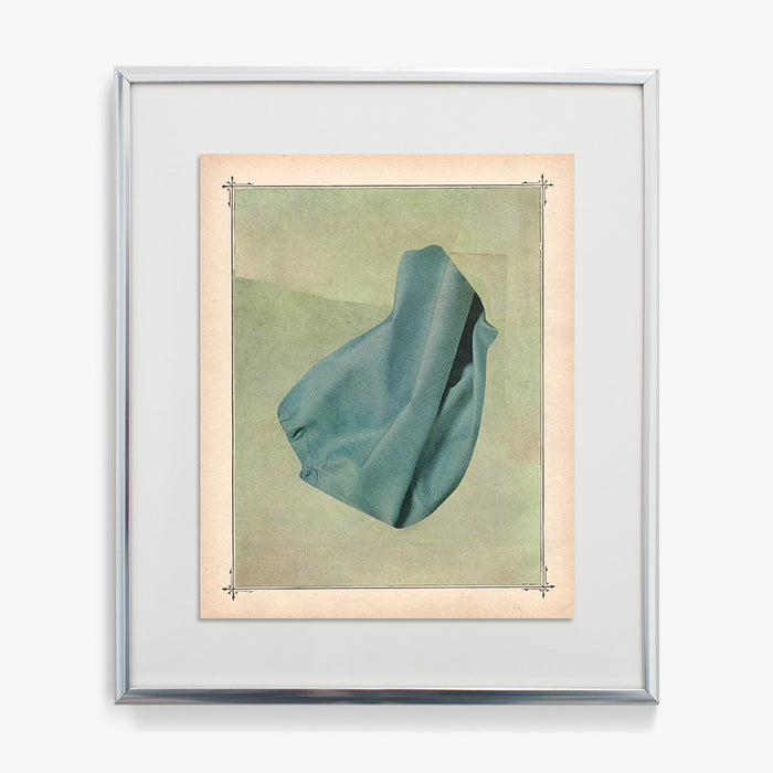 Abstract print with a teal draped fabric element against a light green background framed in silver