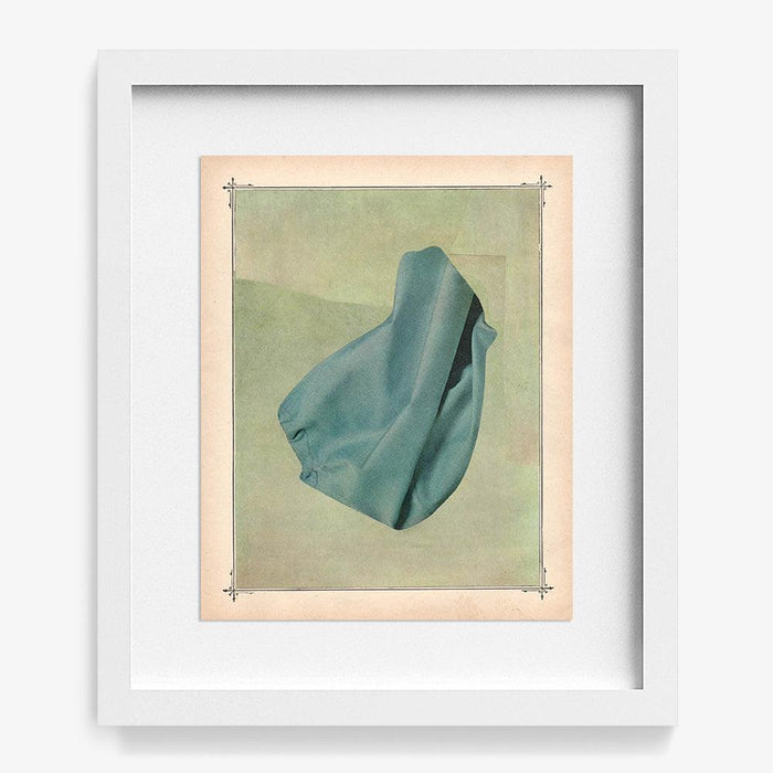Abstract print Color Play 103 with a teal blue draped fabric on a distressed green and beige background in a white frame