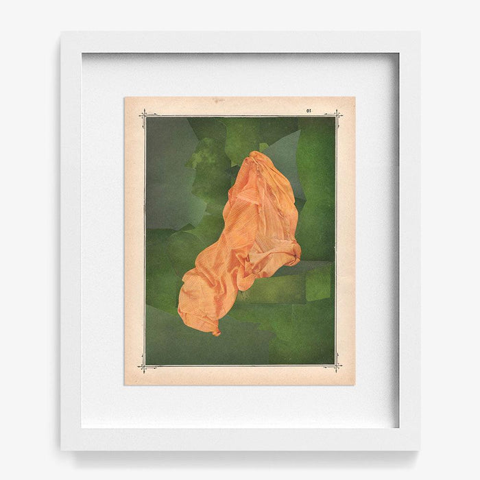 Abstract print Color Play 104 with a crumpled peach-colored fabric against a muted green background in a white frame