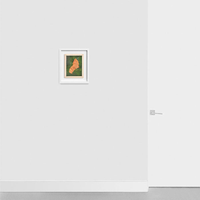 Small abstract print Color Play 104 with a crumpled peach-colored fabric against a muted green background in a white