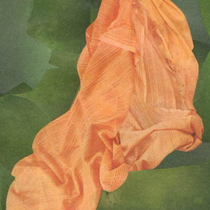 Close-up of abstract print Color Play 104 showing a crumpled peach-colored fabric against a muted green background