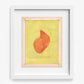 Abstract print Color Play 109 featuring a flowing folded orange fabric on a yellow background framed in white
