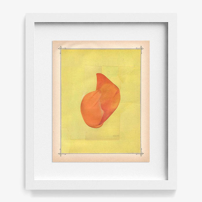 Abstract print Color Play 109 featuring a flowing folded orange fabric on a yellow background framed in white