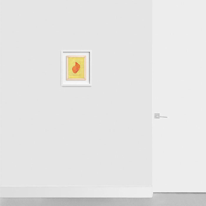 Small abstract print Color Play 109 with an orange form on a yellow background in a white frame on a white wall