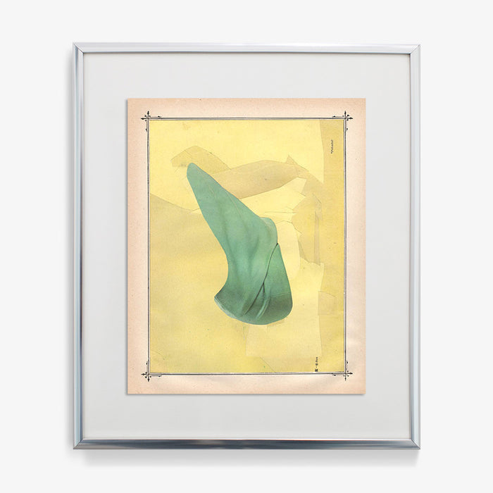 Abstract print with a teal fabric element against a light yellow background with faint shapes framed in silver