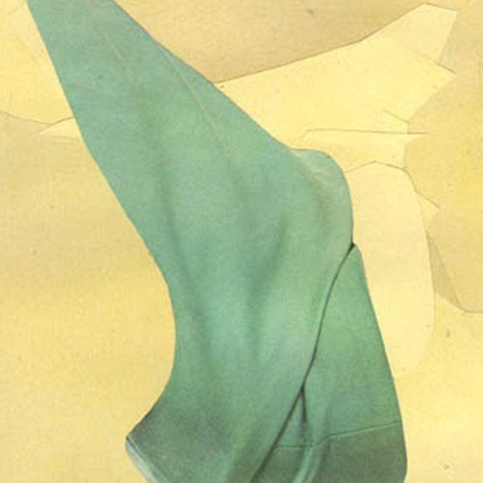 Close-up of a teal organic shape against a yellow abstract background showing texture details