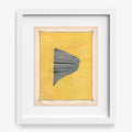 Abstract print with a grey folded fabric shape against a textured yellow background in a white frame