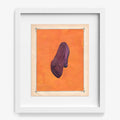 Abstract print of a dark purple flowing shape against an orange background matted and framed in white