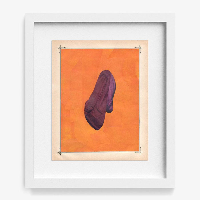 Abstract print of a dark purple flowing shape against an orange background matted and framed in white