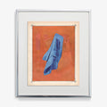 Abstract print with a blue jacket draped over a bar against an orange background with faint shapes framed in silver