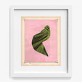 Abstract print Color Play 131 by Michael DeSutter a green draped fabric shape on pink background in a white frame