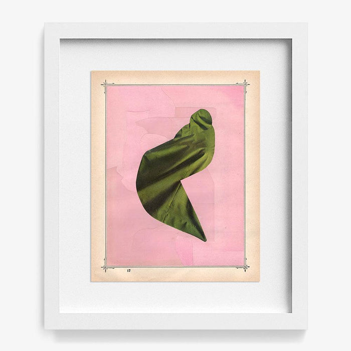Abstract print Color Play 131 by Michael DeSutter a green draped fabric shape on pink background in a white frame