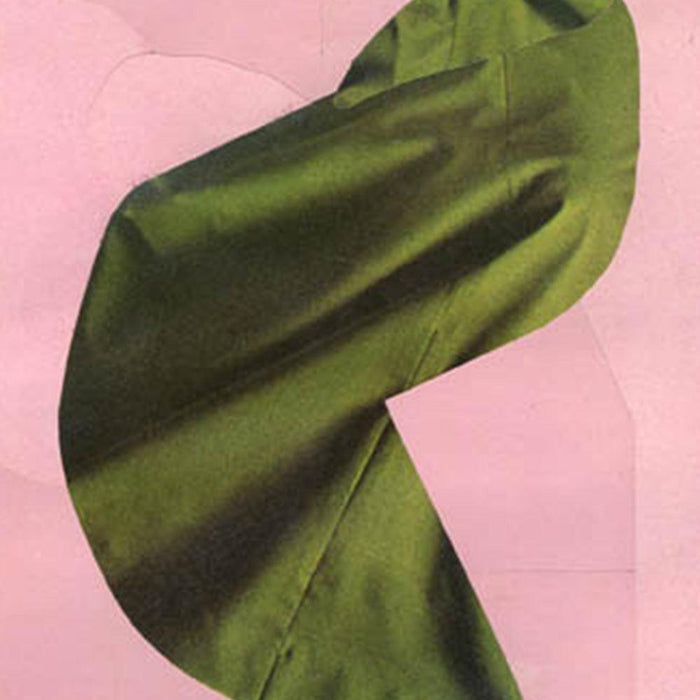 Close-up of abstract print Color Play 131 Dark green draped fabric shape on a light pink textured background