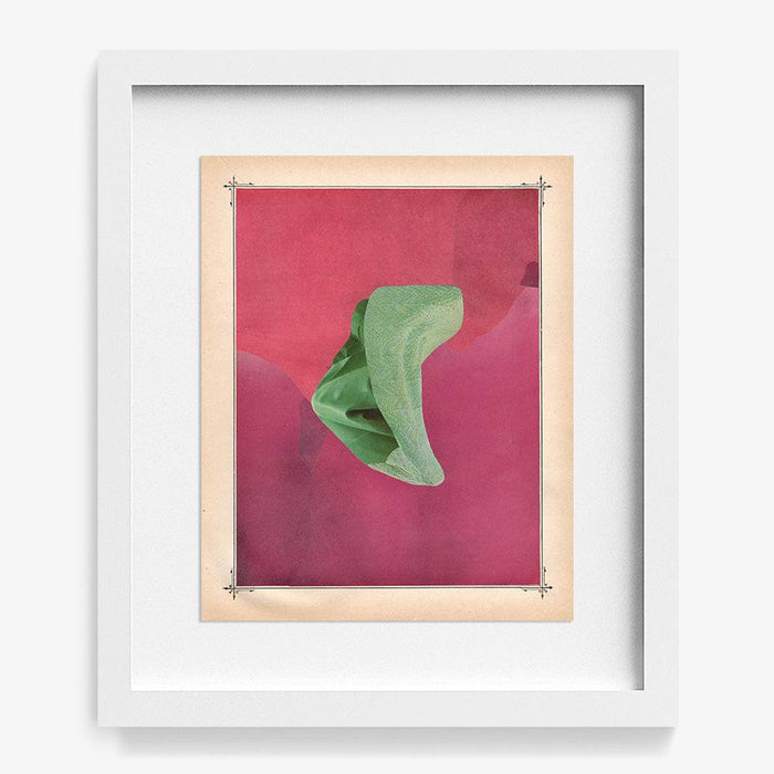 Abstract print with a green curved shape on a textured pink background framed in white wood