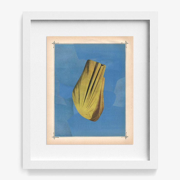 Michael DeSutters Color Play 144 print in a white frame featuring a crumpled yellow form on blue