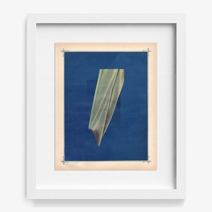 Abstract print Color Play 146 by Michael DeSutter a draped fabric shape in white and grey on blue background in a white