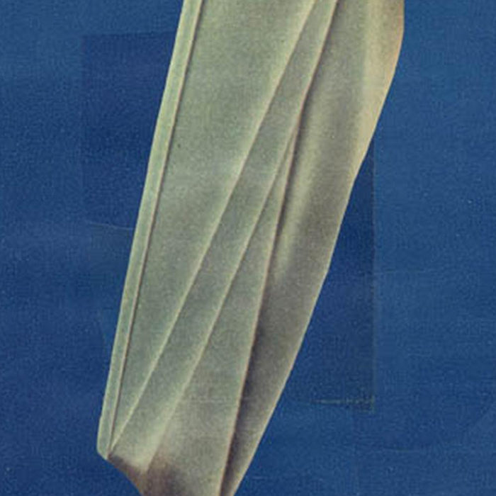 Close-up of abstract print Color Play 146 by Michael DeSutter a draped fabric shape in white and grey on blue background