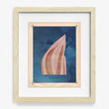 Abstract print in a light wood frame A pink flowing shape is centered against a dark blue background