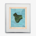 Abstract print with a dark green folded fabric-like shape against a light blue background in a silver frame
