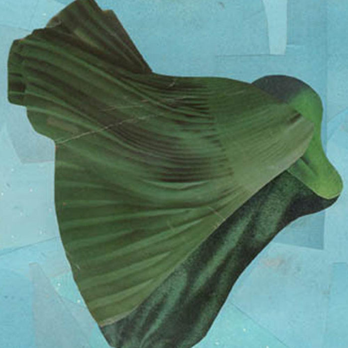 Abstract print of a dark green curved shape with folds on a blue background with subtle geometric patterns