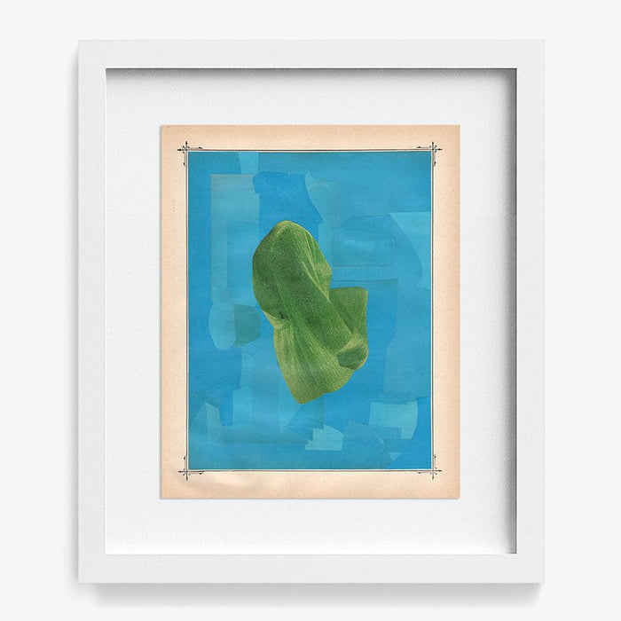 Framed abstract print A green folded fabric-like shape on a blue background in a white frame