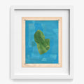 Framed abstract print A green folded fabric-like shape on a blue background in a white frame