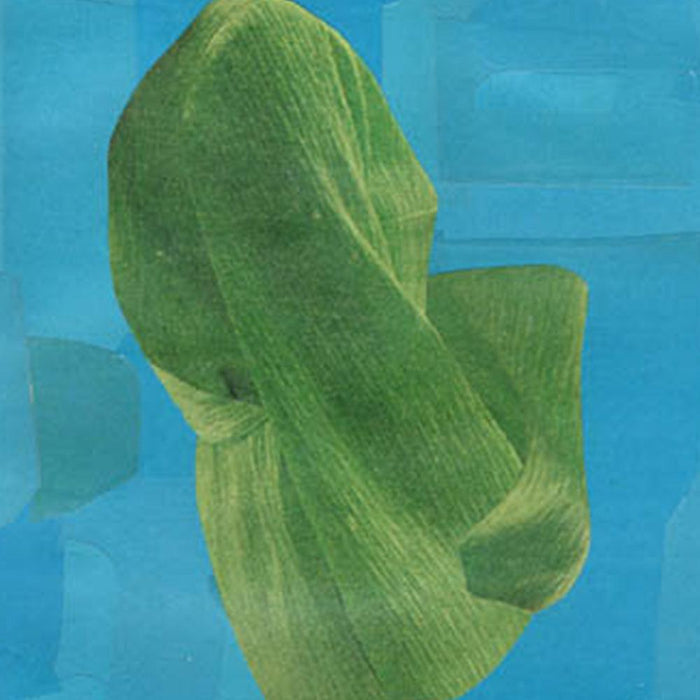 Close-up of a green textured folded fabric-like shape against a light blue background with geometric overlays