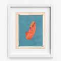Abstract art print called Color Play 151 featuring draped orange and pink fabric on a blue background in a white frame