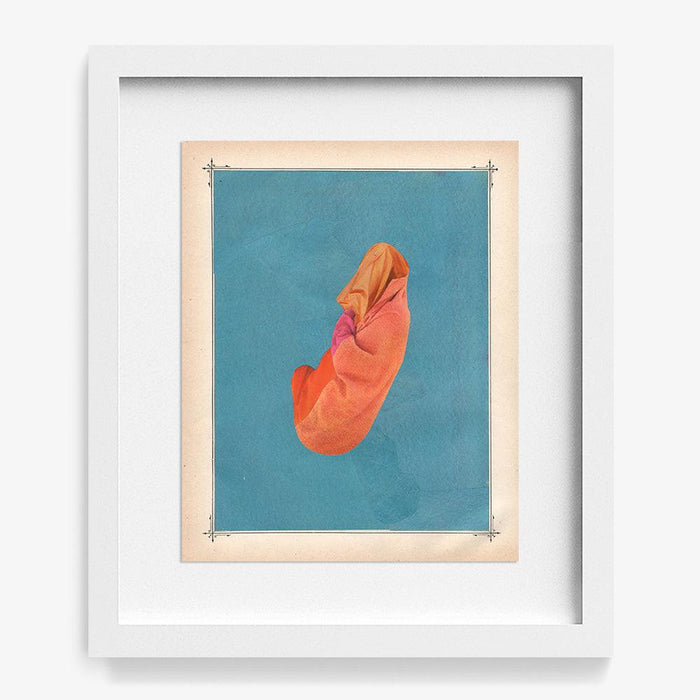 Abstract art print called Color Play 151 featuring draped orange and pink fabric on a blue background in a white frame