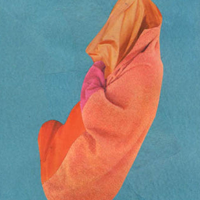 Close-up of print Color Play 151 a draped object in warm orange and pink tones on a textured blue background
